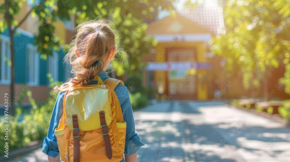 Back view of a schoolgirl girl with a backpack going to school Back view of a schoolgirl girl with a backpack going to school