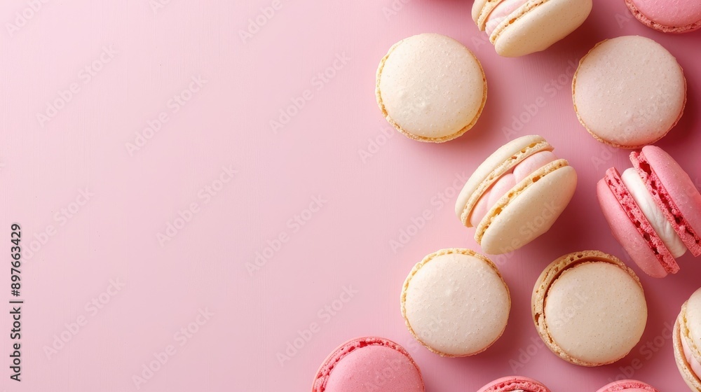 Macarons displayed on a pink surface in a flat lay style with space for text Macarons displayed on a pink surface in a flat lay style with space for text