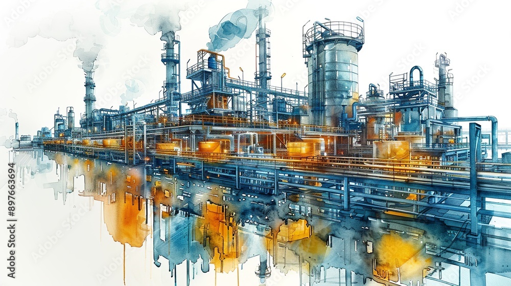 Dynamic portrayal of a production line in a factory, highlighting the technological advancements and efficiency improvements in the chemical and petroleum sectors. Watercolor style, high resolution Dynamic portrayal of a production line in a factory, highlighting the technological advancements and efficiency improvements in the chemical and petroleum sectors. Watercolor style, high resolution