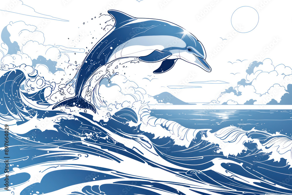 Obraz premium Stylized Dolphin Leaping Over Ocean Waves
