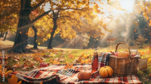 A basket of food and drinks sits on a red and white checkered blanket in a forest filled with golden trees. Generative AI