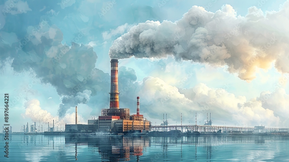 Impressive portrayal of a smokestack emitting steam, highlighting the technological advancements and environmental considerations in the chemical and petroleum industries. Watercolor style, high Impressive portrayal of a smokestack emitting steam, highlighting the technological advancements and environmental considerations in the chemical and petroleum industries. Watercolor style, high