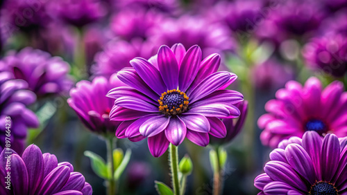 Vibrant purple flower standouts amidst dull background, symbolizing individuality and confidence, drawing attention and making a statement in a crowded and competitive environment. © Adisorn