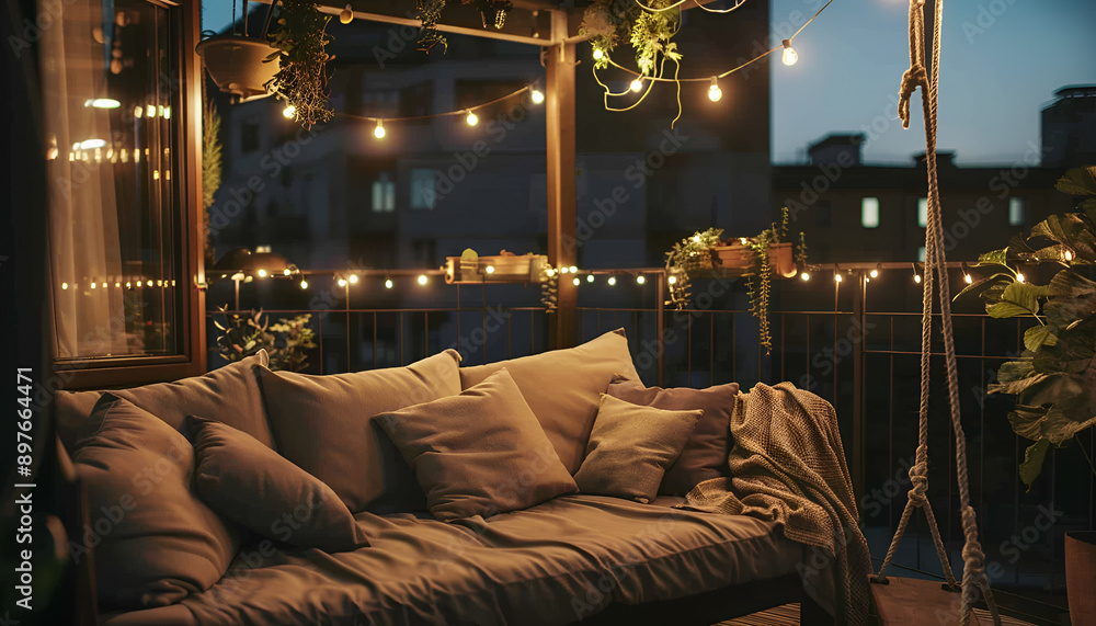 rooftop patio area with hanging swing chair and string lights at night rooftop patio area with hanging swing chair and string lights at night