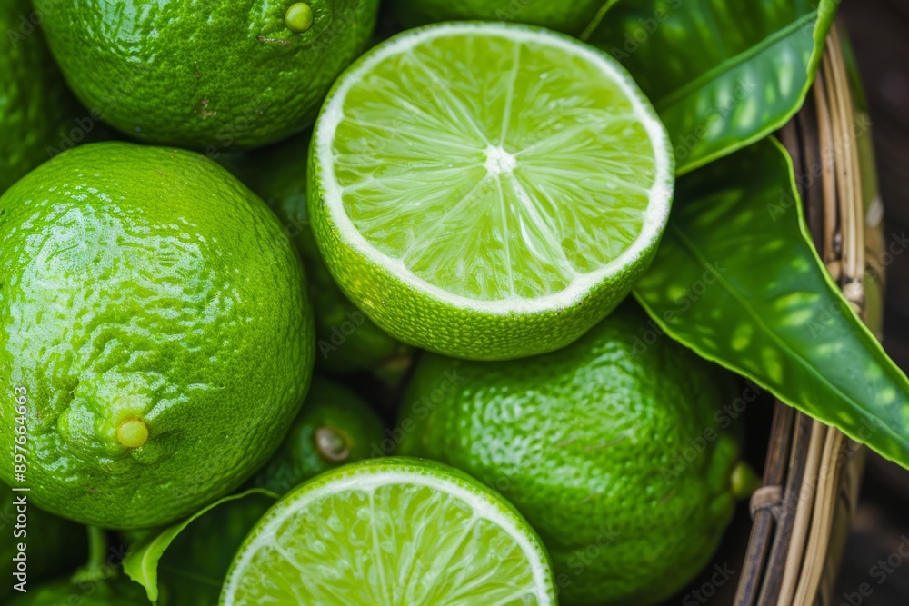 A closeup photograph of a basket containing fresh green limes and a half lime, surrounded by vibrant green leaves A closeup photograph of a basket containing fresh green limes and a half lime, surrounded by vibrant green leaves
