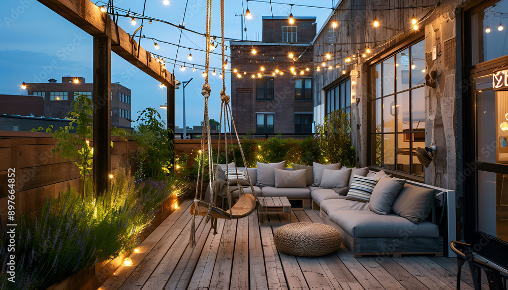 rooftop patio area with hanging swing chair and string lights at night rooftop patio area with hanging swing chair and string lights at night