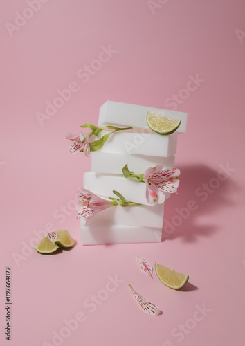 White cleaning sponges with delicate flowers and slices limeta on pastel pink background. Creative desinfection idea. photo