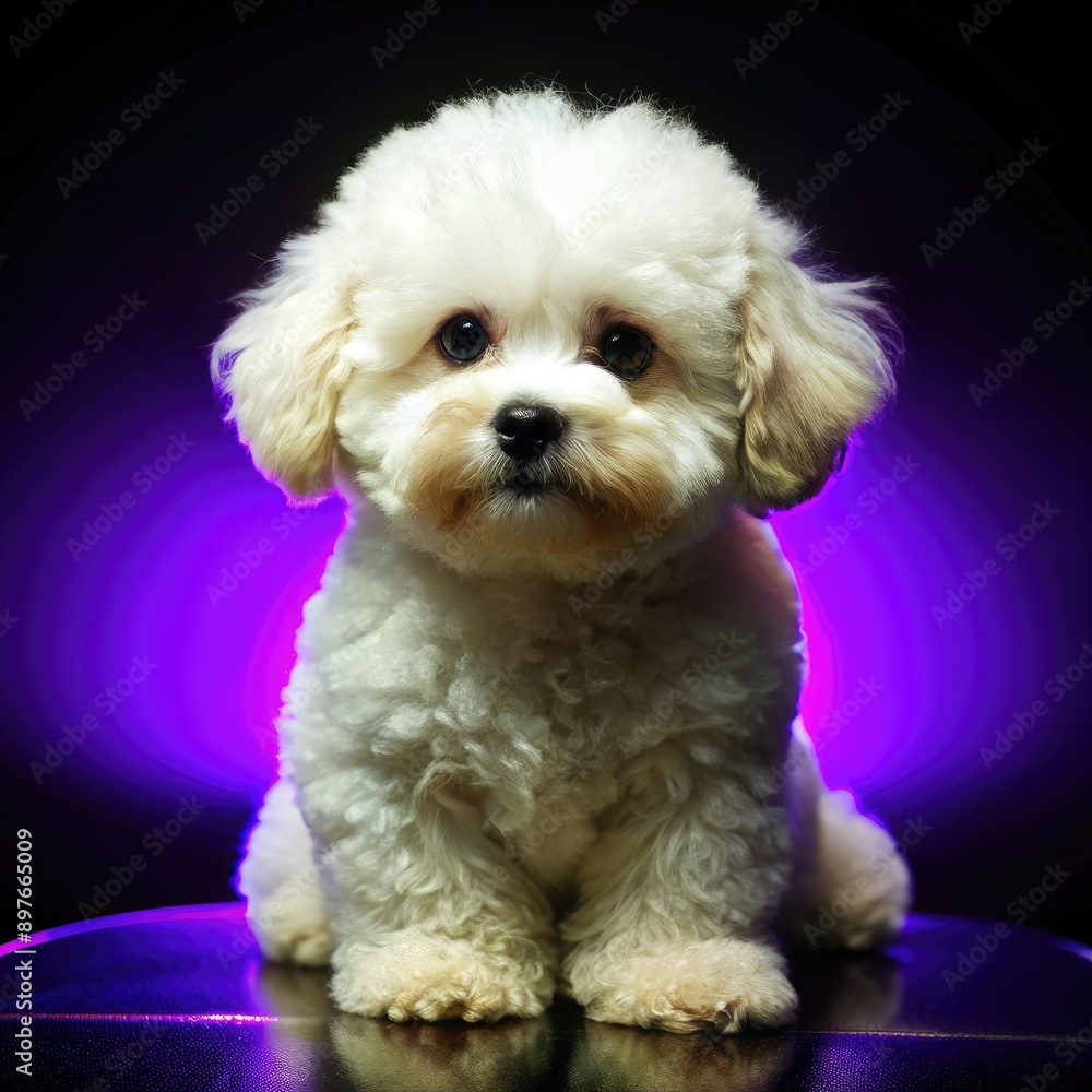Adorable Bichon Frise Puppy Posing Against a Purple Background. Generative AI Adorable Bichon Frise Puppy Posing Against a Purple Background. Generative AI