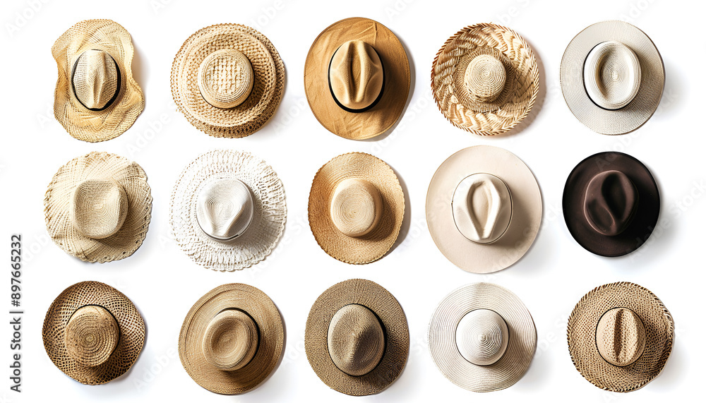 Set with different straw hats on white background. Stylish headdress Set with different straw hats on white background. Stylish headdress