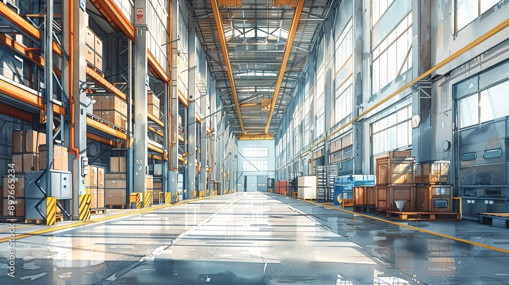Dynamic depiction of material handling equipment in an industrial setting, showcasing the technological advancements and efficiency improvements in the industry. Watercolor style, high resolution Dynamic depiction of material handling equipment in an industrial setting, showcasing the technological advancements and efficiency improvements in the industry. Watercolor style, high resolution