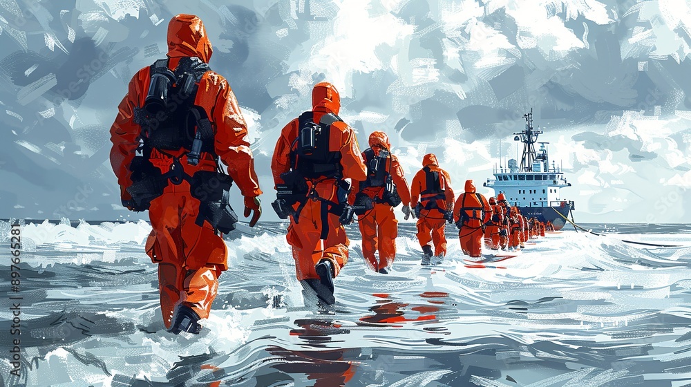Detailed image of an oil spill response team in action, emphasizing the role of technology and safety in mitigating environmental impacts in the petroleum industry. Watercolor style, high resolution Detailed image of an oil spill response team in action, emphasizing the role of technology and safety in mitigating environmental impacts in the petroleum industry. Watercolor style, high resolution