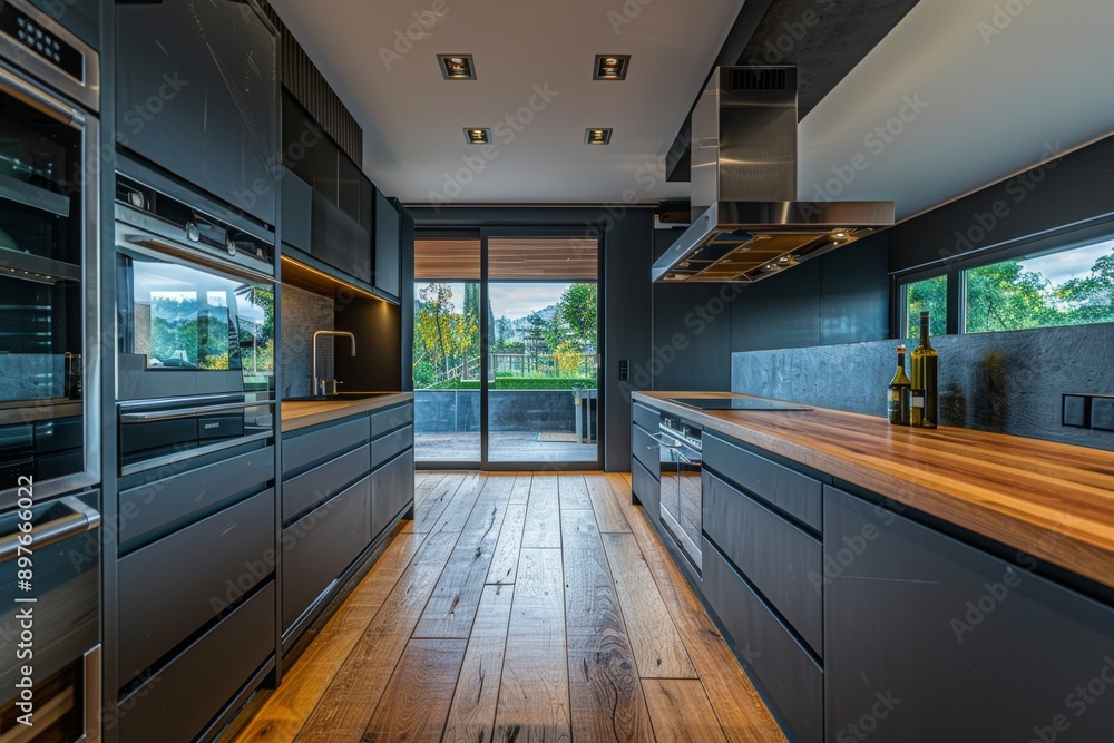 Luxury modern kitchen with black and white cabinets and dark wood floor Luxury modern kitchen with black and white cabinets and dark wood floor