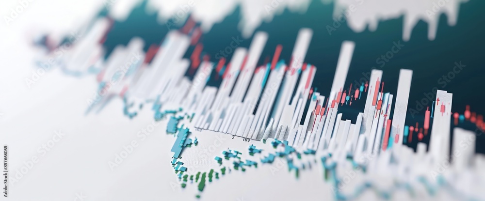 Minimalist white background showcasing a bar graph with a sudden increase in stock values, highlighting a market surge. Minimalist white background showcasing a bar graph with a sudden increase in stock values, highlighting a market surge.
