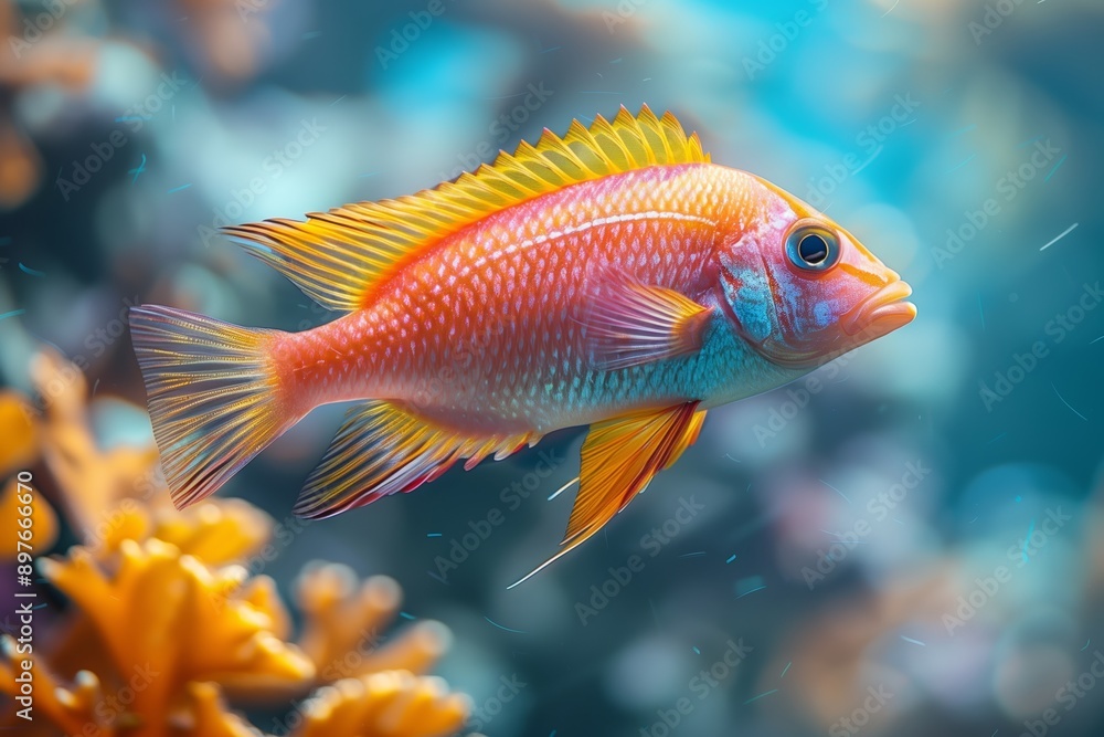 A Vibrant Orange And Blue Fish Swimming Near Coral In An Aquarium A Vibrant Orange And Blue Fish Swimming Near Coral In An Aquarium