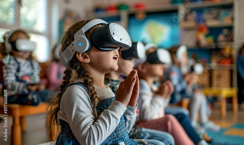Young children wearing virtual reality goggles