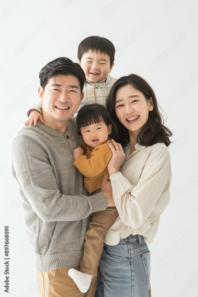 Famille coréenne sur fond blanc : un couple marié amoureux et leurs deux bambins posent sur un arrière-plan, personnage pour publicité Famille coréenne sur fond blanc : un couple marié amoureux et leurs deux bambins posent sur un arrière-plan, personnage pour publicité