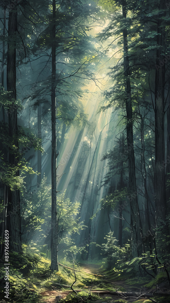 Obraz premium Sunbeams filtering through lush forest trees with