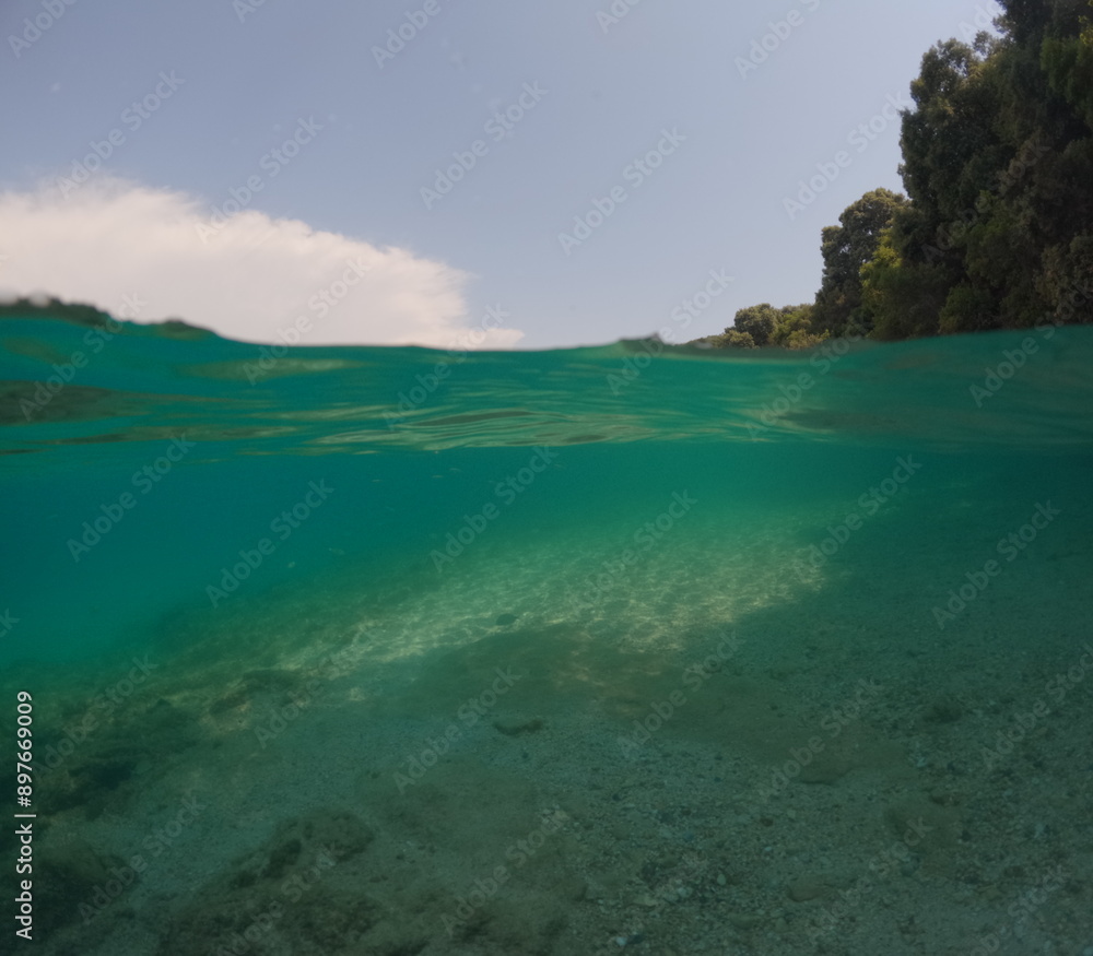Over under, split level shot showing above and below the sea water. A bleached coral reef in shallow water with blue sky and green coastline above the water. Over under, split level shot showing above and below the sea water. A bleached coral reef in shallow water with blue sky and green coastline above the water.
