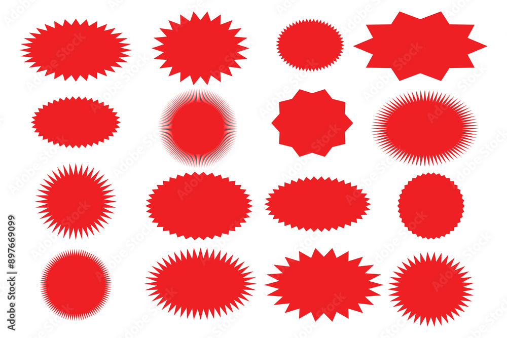 red Starburst sticker set - collection of special offer sale round and oval sunburst labels and buttons. Stickers and badges with star edges for promo advertising. red Starburst sticker set - collection of special offer sale round and oval sunburst labels and buttons. Stickers and badges with star edges for promo advertising.