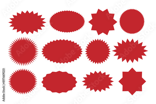 red Starburst sticker set - collection of special offer sale round and oval sunburst labels and buttons. Stickers and badges with star edges for promo advertising.