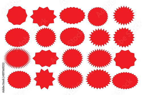 Starburst red sticker set - collection of special offer sale oval and round shaped sunburst labels and badges. Promo stickers with star edges. Vector.