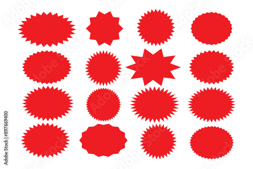 Starburst sale price stickers and labels, star and rosette, sunburst, callout and splash, stamp and tag badges. Isolated vector circle and oval red stickers, promo labels and tags with scalloped edges