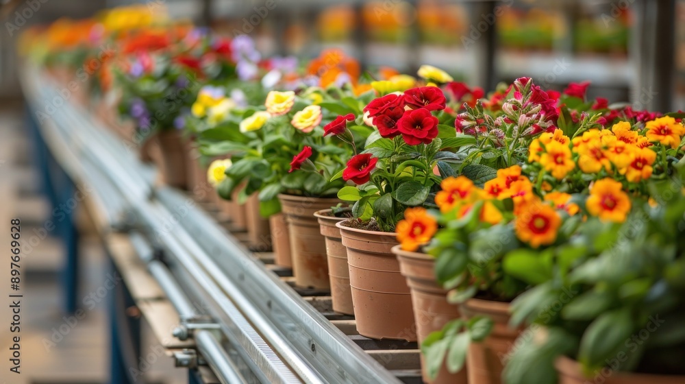 Fototapeta premium A row of potted flowers with colorful blooms in a greenhouse setting