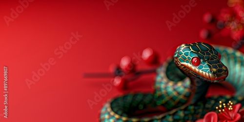 luxury green snake on red background suitable for new year 2025 snake symbol. Chinese New Year of the Snake © megavectors