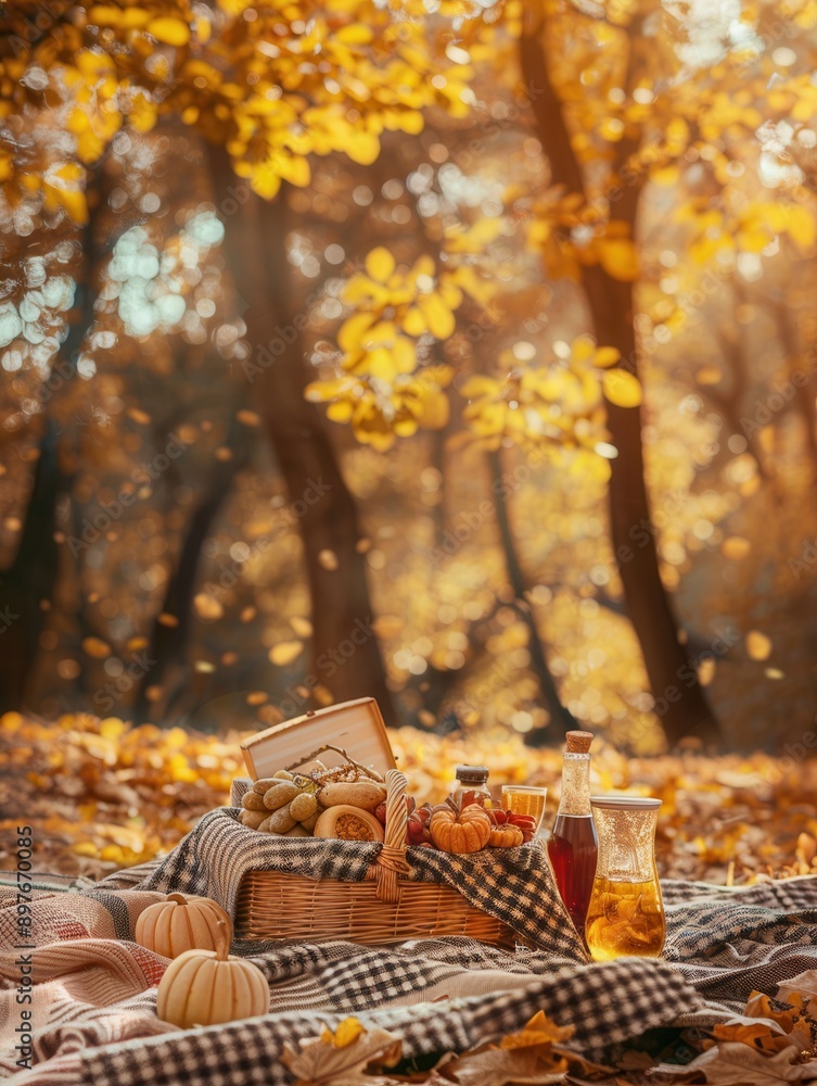 An autumn picnic set against a backdrop of golden trees with a blanket, basket of food and drinks. Generative AI An autumn picnic set against a backdrop of golden trees with a blanket, basket of food and drinks. Generative AI