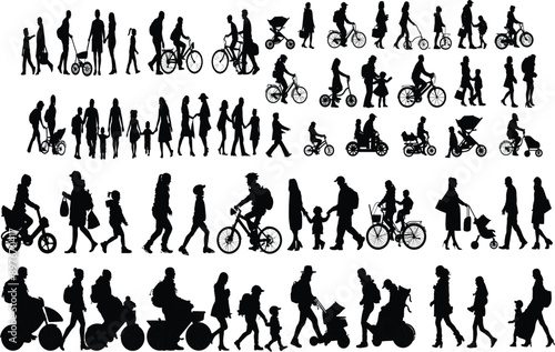 A collection of black and white silhouettes depicting various families and individuals walking and biking. The images capture diverse interactions and activities, such as parents with children