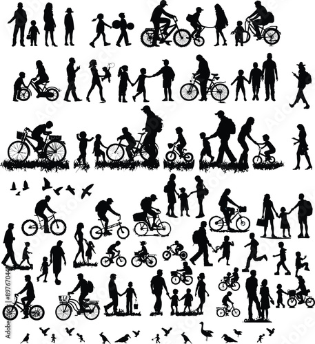 A collection of black and white silhouettes depicting various families and individuals walking and biking. The images capture diverse interactions and activities, such as parents with children