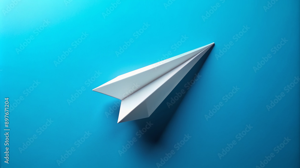 A minimalist white paper airplane soaring upwards on a bright blue background, symbolizing freedom, hope, and limitless possibilities, with subtle shadows and gentle folds. A minimalist white paper airplane soaring upwards on a bright blue background, symbolizing freedom, hope, and limitless possibilities, with subtle shadows and gentle folds.