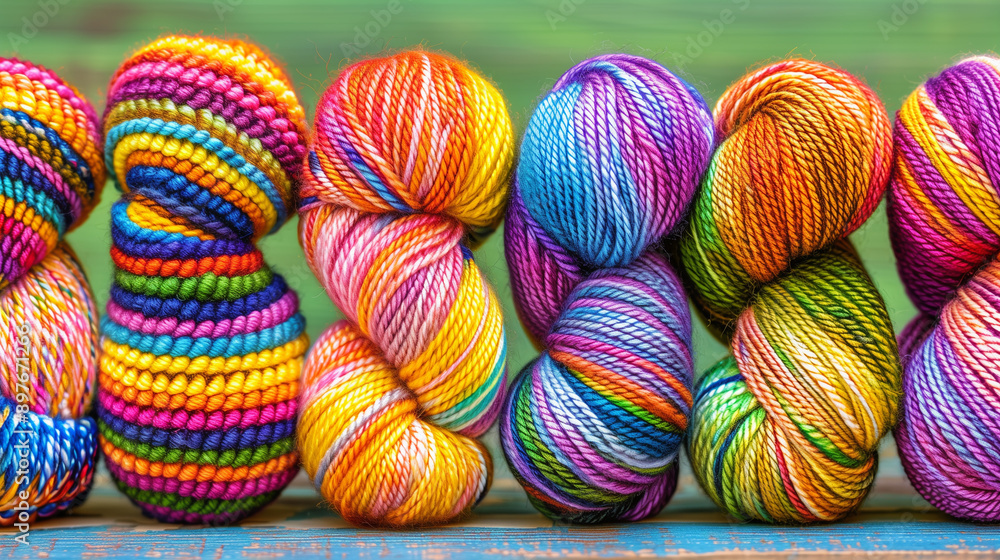 Vibrant variegated yarn hanks on wooden table in the tender green backdrop Vibrant variegated yarn hanks on wooden table in the tender green backdrop