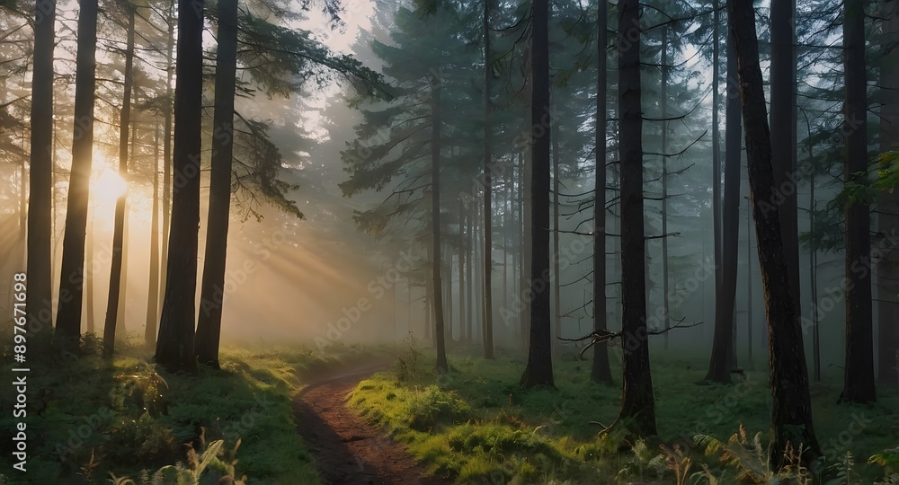 Fototapeta premium A Gentle Sunrise Over A Misty Forest