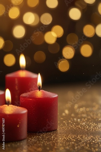 Burning red small candles on a golden background with blurred bokeh in the background. Holiday and romantic atmosphere