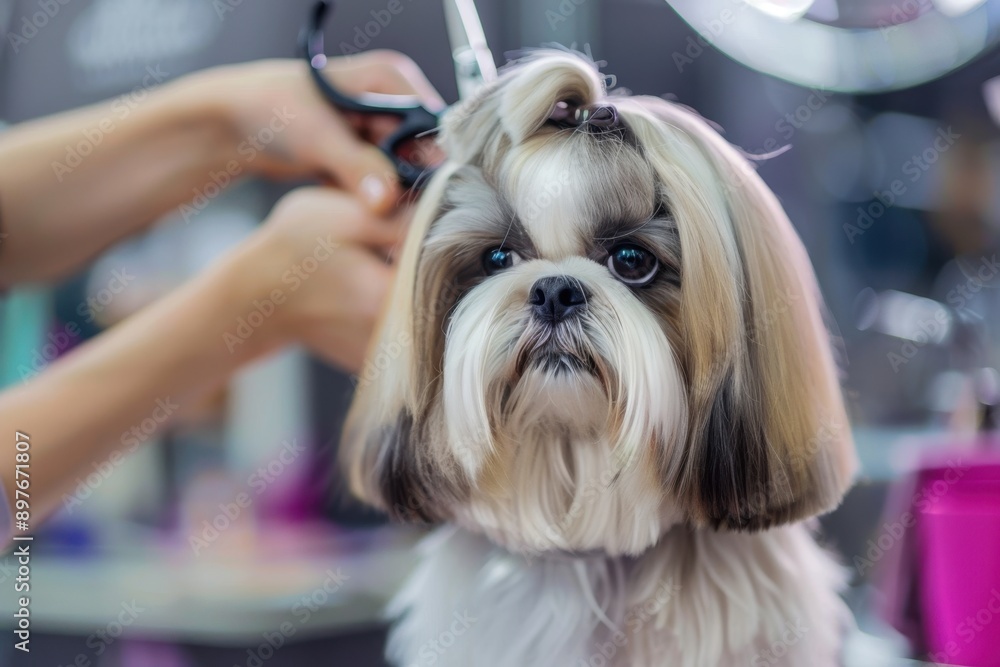 Professional groomer giving a Shih Tzu a precise haircut at a modern pet salon Professional groomer giving a Shih Tzu a precise haircut at a modern pet salon