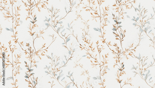 Seamless Abstract Watercolor Floral Pattern With Grey and Beige Leaves on White Background