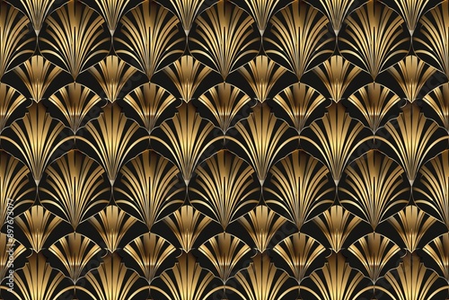 Elegant Art Deco pattern with gold and black motifs, embodying 1920s luxury and sophistication