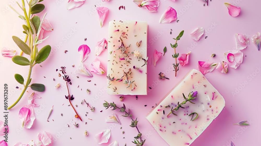 Homemade soap set with herbs, top view, pastel background Homemade soap set with herbs, top view, pastel background