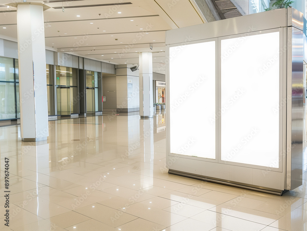 Fototapeta premium empty poster mockup in the large mall, white empty poster for copyspace, modern background,