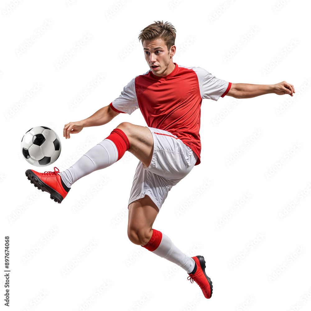 Fototapeta premium Professional soccer player doing midair kick on to the ball on isolated background