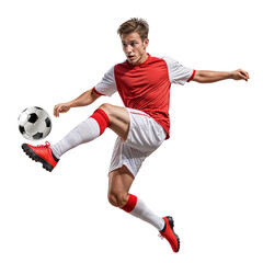 Professional soccer player doing midair kick on to the ball on isolated background