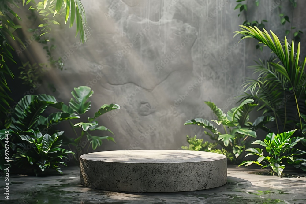 Round concrete podium surrounded by lush green plants and shadows Round concrete podium surrounded by lush green plants and shadows