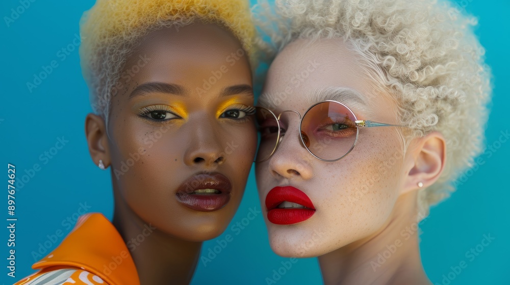 Obraz premium fashionable bright photograph of two African-American women, one of them an albino. both women have short blonde hair. black albino woman