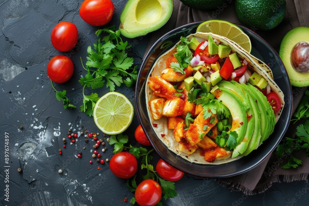 Fish Taco Bowl. Avocado and Delicious Ingredients for Cooking on Dark Background Fish Taco Bowl. Avocado and Delicious Ingredients for Cooking on Dark Background
