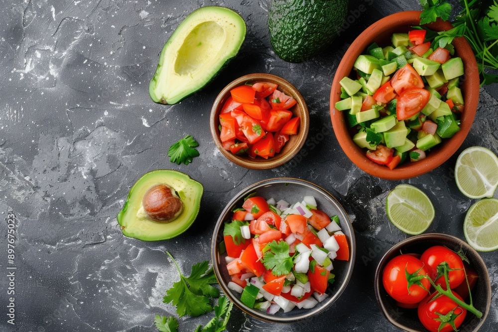Fish Taco Bowl. Avocado and Ingredients for Delicious Fish Tacos in Dark Background Fish Taco Bowl. Avocado and Ingredients for Delicious Fish Tacos in Dark Background