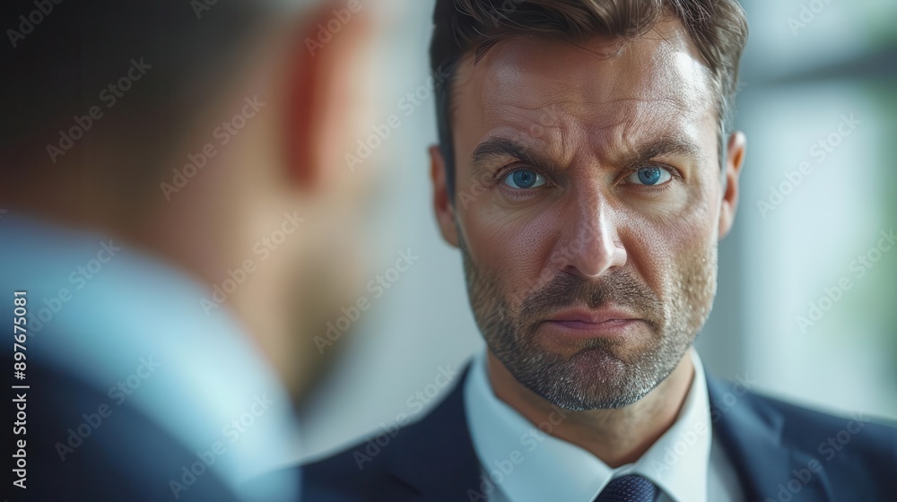 A stern businessman gazes intensely in a modern office setting, conveying determination and focus in a professional appearance. A stern businessman gazes intensely in a modern office setting, conveying determination and focus in a professional appearance.