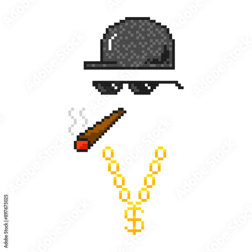 Boss pixel attributes, bandit pixel glasses, gangster gold chain, cap and a cigar. The life of a thug boss.