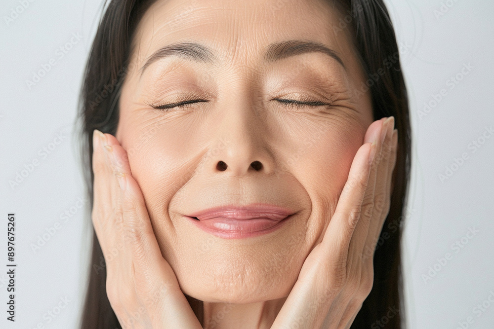 Middle-Aged Asian Woman Smiling While Massaging Her Face Middle-Aged Asian Woman Smiling While Massaging Her Face