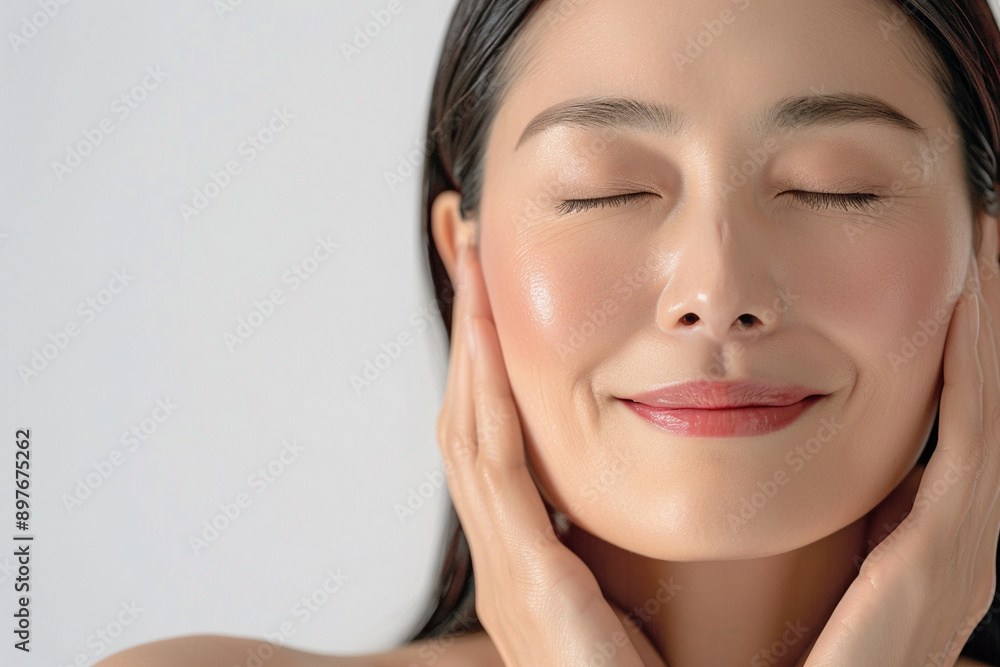 Middle-Aged Asian Woman Smiling While Massaging Her Face Middle-Aged Asian Woman Smiling While Massaging Her Face